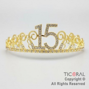 TIARA CORONA 15 A�OS METAL ORO CON STRASS X 1